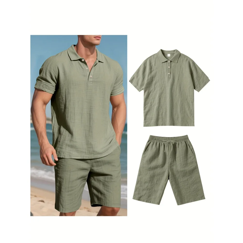 Summer Men Suit Fashion Linen Lapel Button 2 Piece Set Short-sleeved Polo Shirts+Shorts Sportswear Beach Man Suit