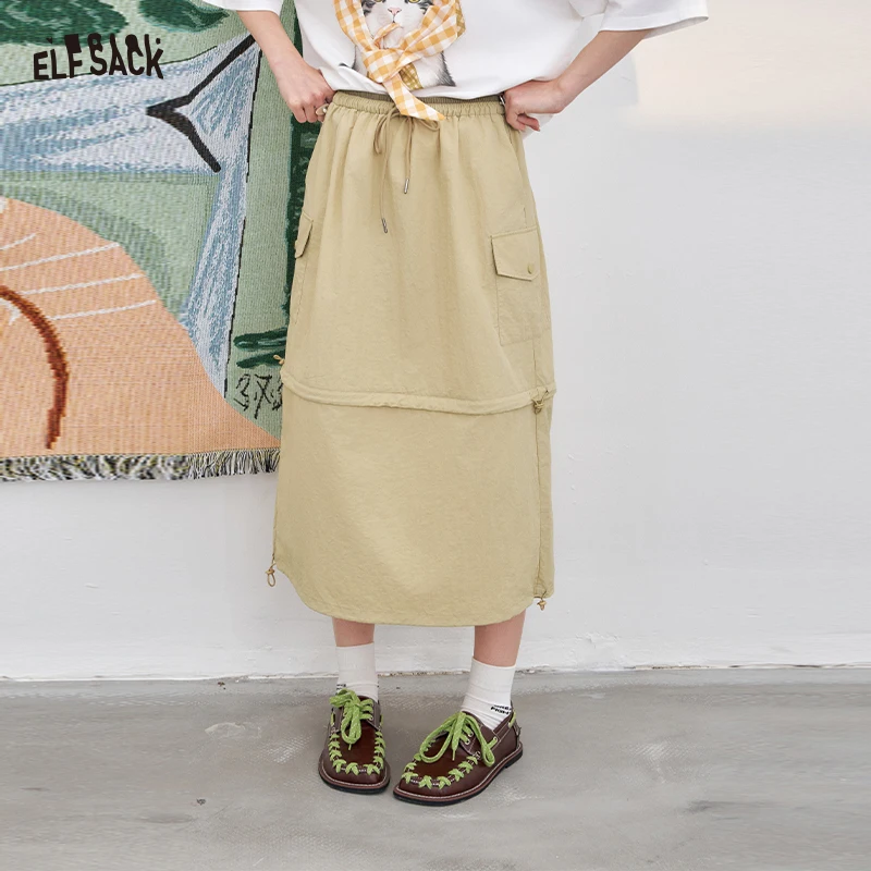ELFSACK 2025 Summer New Arrivals Detachable Outdoor Style High Waist Drawstring midi Skirt