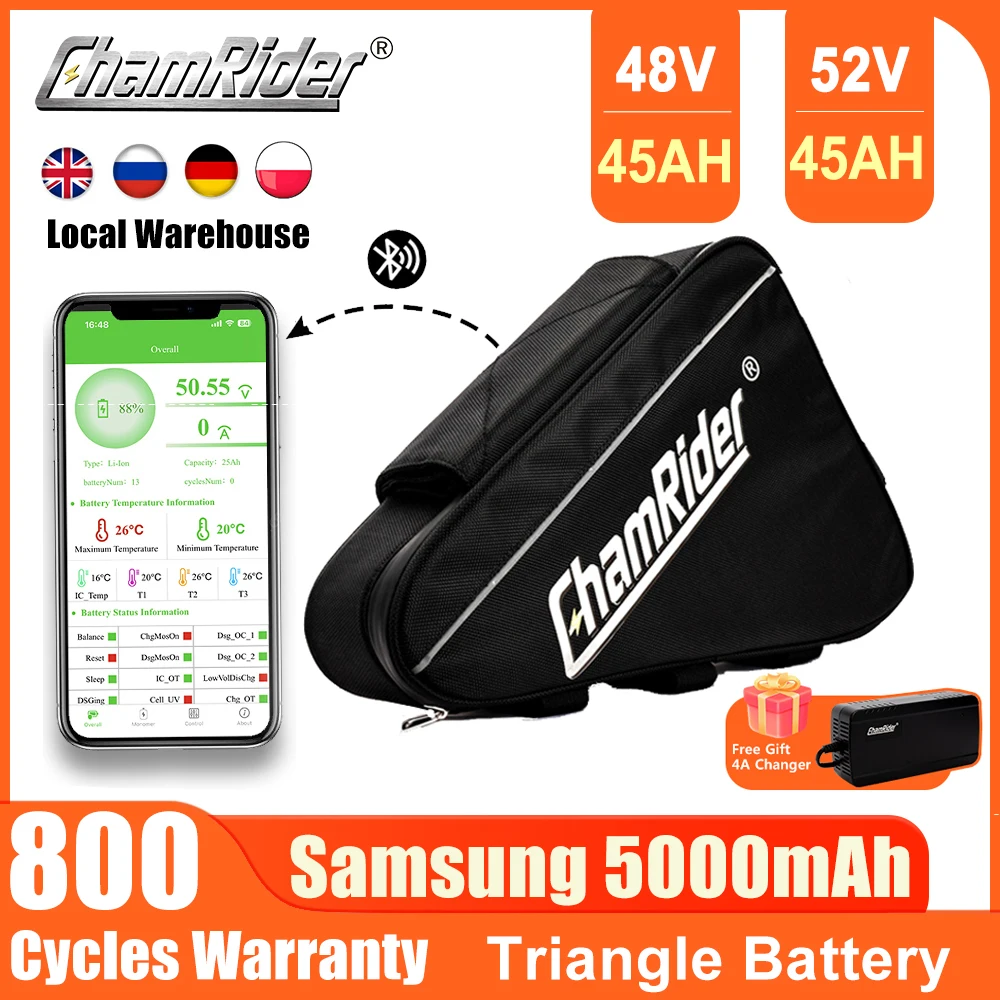 ChamRider 48V Ebike Battery 18650 Cell 52V Triangle Battery 35AH 45AH Huge Capacity 1000W 2000W Super Powerful 21700 Bafang