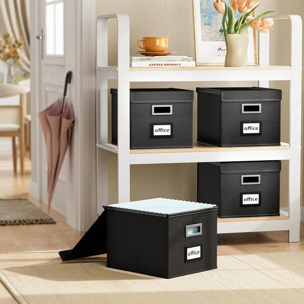 Collapsible File Organizer Box with Lids, 4-Pack, Black - Hanging File Folder Storage for Office, Letter/Legal Size, Durable & Space-Saving