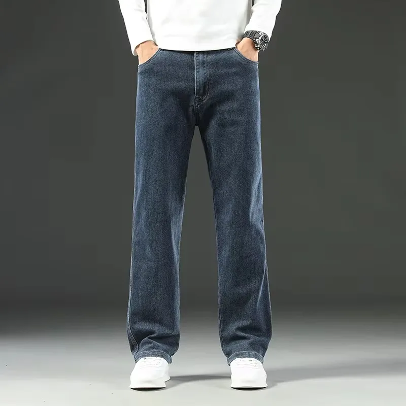 Autumn Winter  Brand New High Waist Jeans Classic Business Casual Office Men\'s Fashion Stretch Slim Denim Jeans Navy Blue