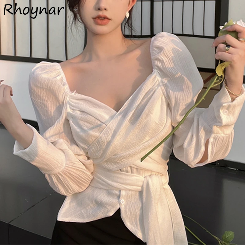 Slim Shirts Women Summer Office Ladies Designed Long Sleeve Streetwear Tops V-Neck Folds Vintage Cross Straps Causal Fashion