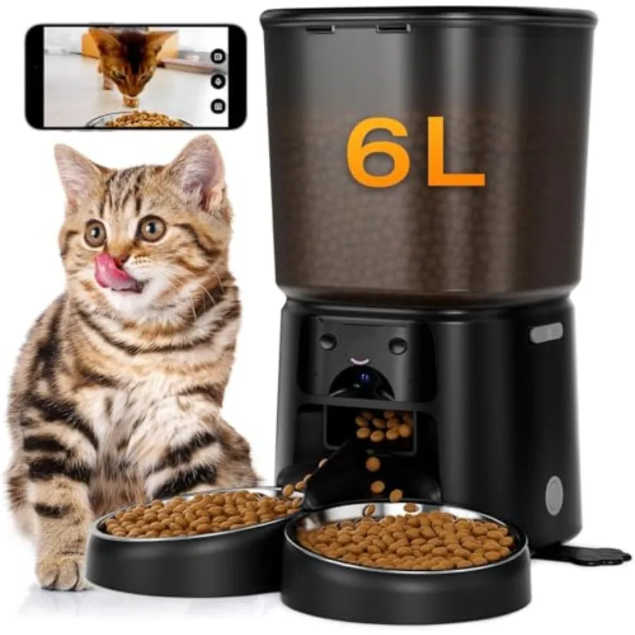 

Automatic Cat Feeder with Camera for 2 Cats 6L WiFi Smart Pet Feeder Black 1080P HD Video Voice Call Motion Detection Dual Powe