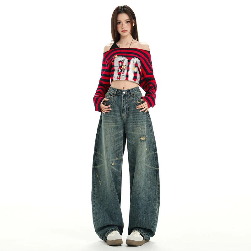 Otoño de 2025 nuevos pantalones vaqueros desgastados vintage para mujer con diseño de cintura alta, piernas largas, ropa de calle, estilo moderno y fresco