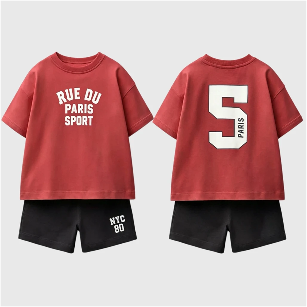 Red Green Tracksuits Child Short-sleeved Outfits Baby New Fashion Casual Clothing T-shirt+Shorts 1-7Years Old Boys Trendy Suits