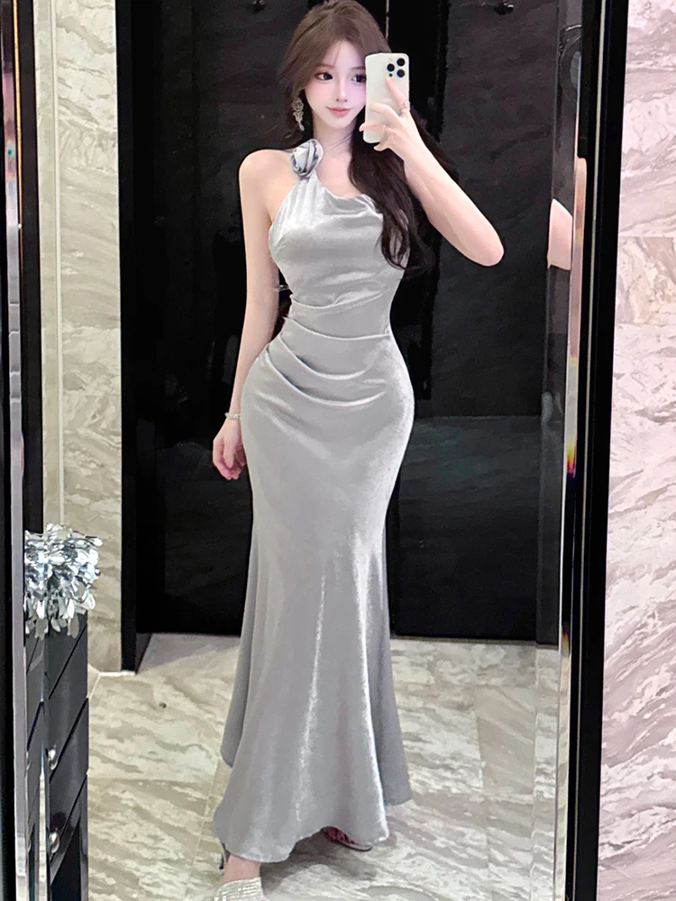 ฤดูร้อนAcetateซาตินChicดอกไม้คอชุดผู้หญิงBacklessเซ็กซี่ชุด 2025 เกาหลีVINTAGEหรูหราVestidos