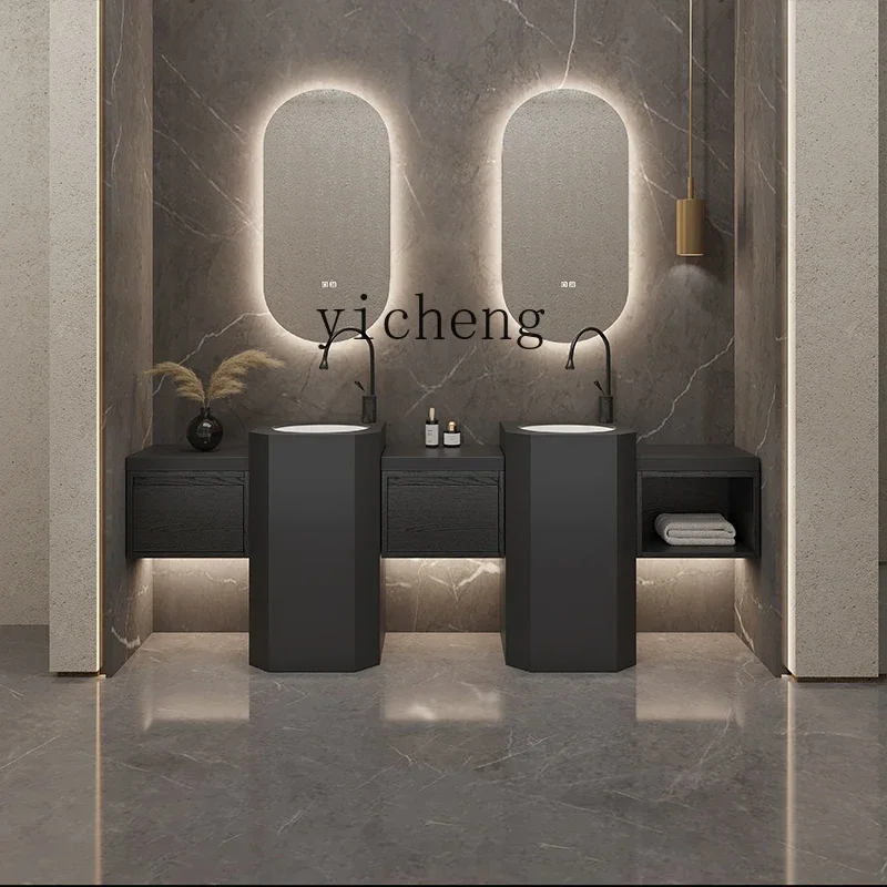 YY-oval rock slab integrated basin double basin bathroom cabinet combination black column washbasin wash basin set