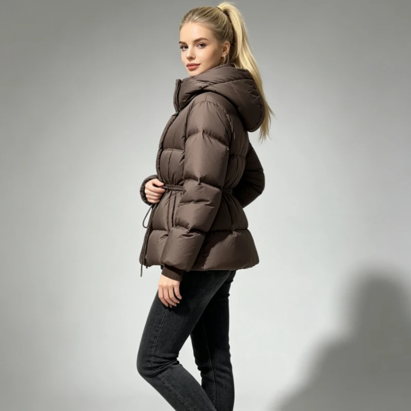 Waist Cinching Hooded Puffer Jacket for Women Thick Quilted Warm Coat with Drawstring Casual Loose Fit Women's Winter Jacket