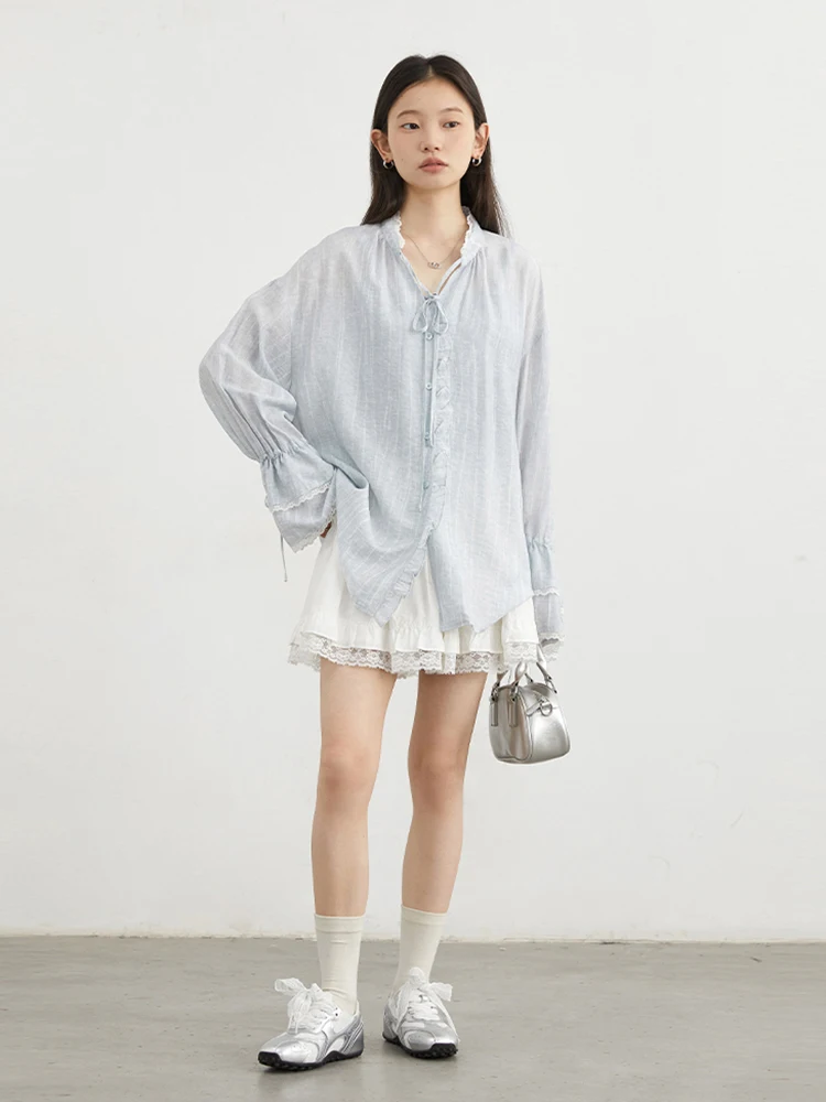 شيك فين قميص نسائي واحد الصدر الخامس الرقبة فضفاضة عادية كم طويل جديد الوقوف طوق معطف بلوزة الإناث ربيع الخريف 2025 #6