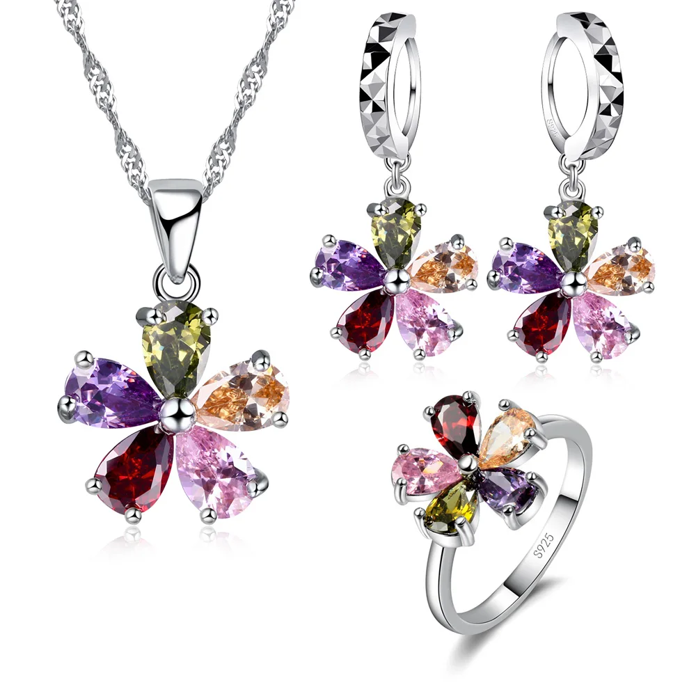 S925 Sterling Silver Austrian Colourful Crystal Zircon Pendant Necklace Hoop Earrings Ring Set for Women Party Jewelry Gifts
