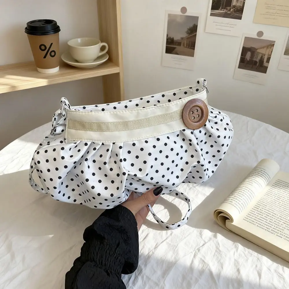 

Korean Style Polka Dot Shoulder Bag Canvas Retro Pleated Underarm Bag Fashion Large Capacity Nylon Crossbody Bag Office Worker
