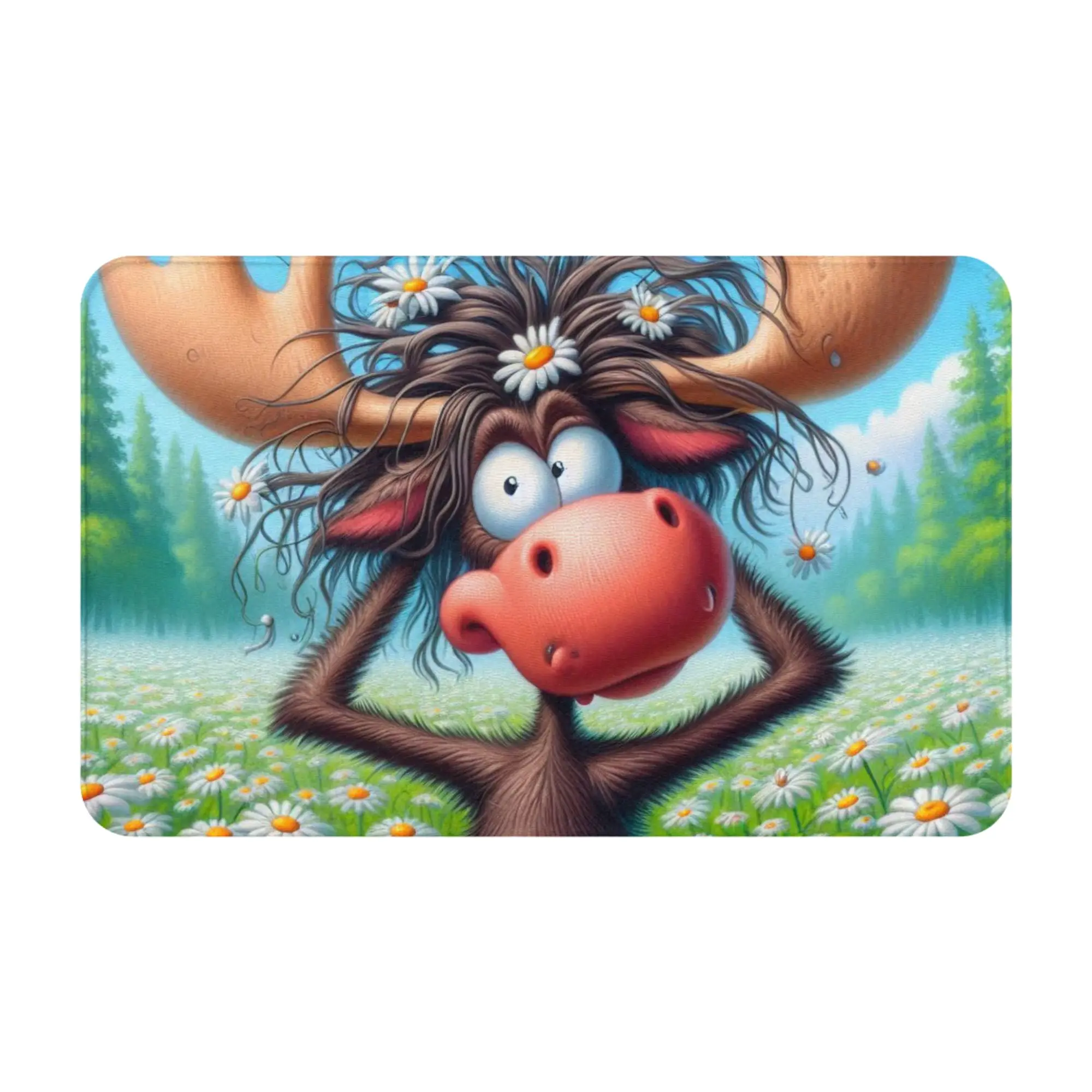 Crazy Moose Daisy Flower Field Cartoon Art Doormat Bathroom Living Room Mat  Absorbent Home Decor