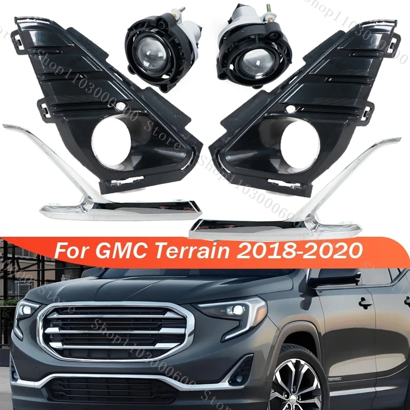 For GMC Terrain 2018 2019 2020 Front Bumper Fog Light Set with Baffle Frame Chrome Plated Decorative Daytime Running Turn Signal