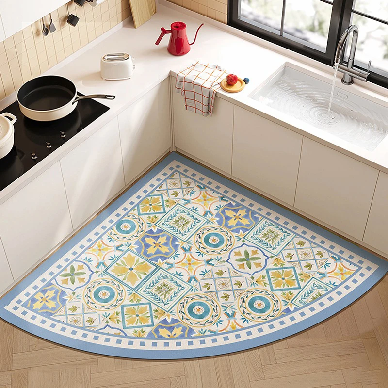 Kitchen Floor Mats Wash-free Anti-oil Anti-slip Carpet Absorbent Diatom Mud Rug Pink Flower Tile Fan-shaped Foot Mat Alfombra