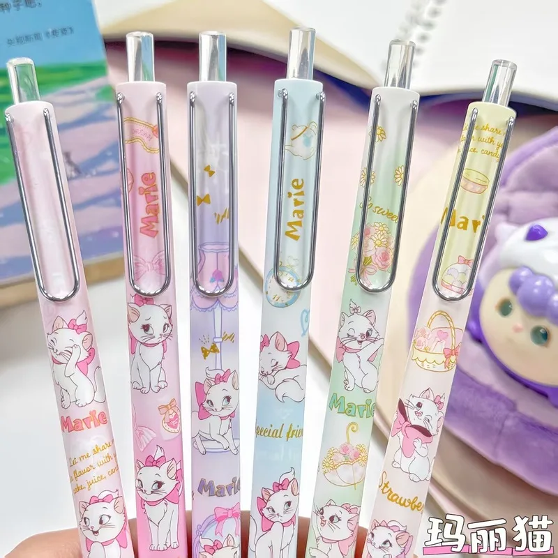 6/24 قطعة ديزني ماري القط قلم محايد اللون لطيف مركز منخفض الجاذبية الكتابة السلس 0.5 الأسود الصحافة القلم القرطاسية هدية #4