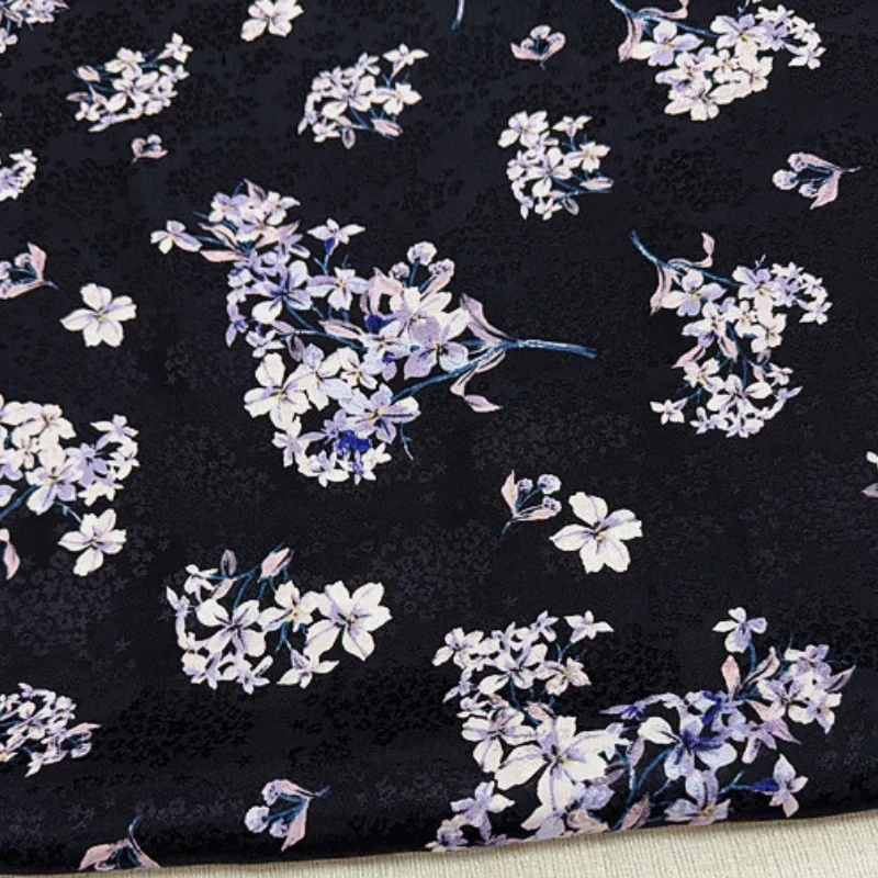 

1 meter 100% Mulberry Silk 16 momme Jacquard Silk Fabric Black Floral Printed 136cm 53" wide by the yard XL111