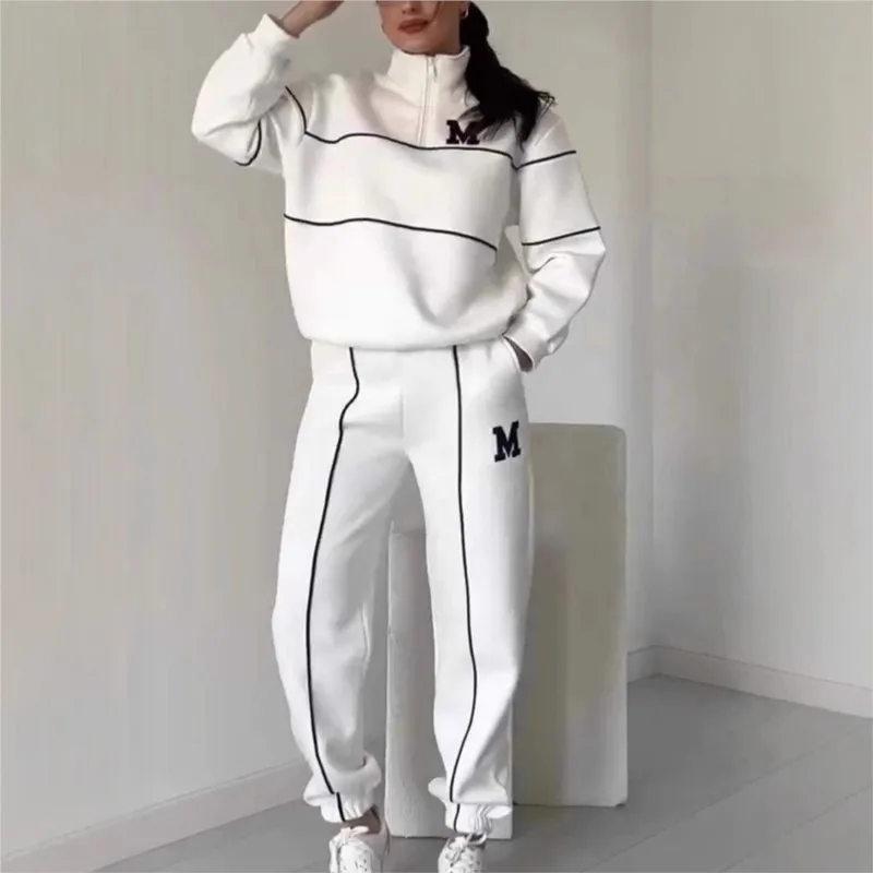 Autumn Winter New Fashion Letter Print Sweatshirt Set Casual Zipper Half Open Collar Long-sleeve Top + Sweatpants Two-piece Suit