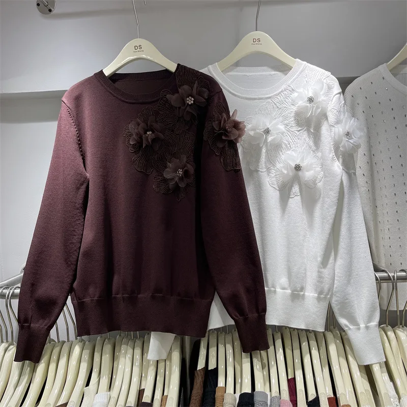

SuperAen Beaded Three-dimensional Flower Long-sleeved Knitted Sweater for Women Spring and Autumn New Fashion Short Sweaters