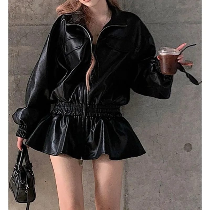 

2025 Autumn New Fashion Sweet Cool Style Waist Design Sense Long Sleeve Trench Coat Leather Jacket Women