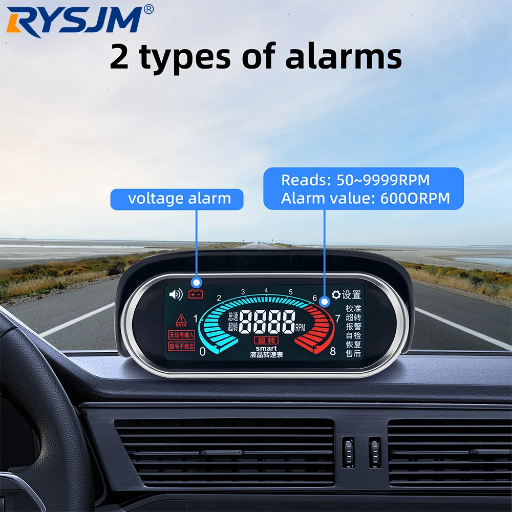 50-9999RPM Tach Gauge Digital LCD RPM Tachometer With Flashing Alarm 12V 24V Universal For 1-10 Cylinders Car Truck Motorcycle