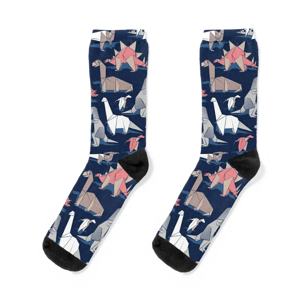 Origami dino friends // oxford navy blue background paper red dinosaurs Socks hockey summer Socks Girl Men's