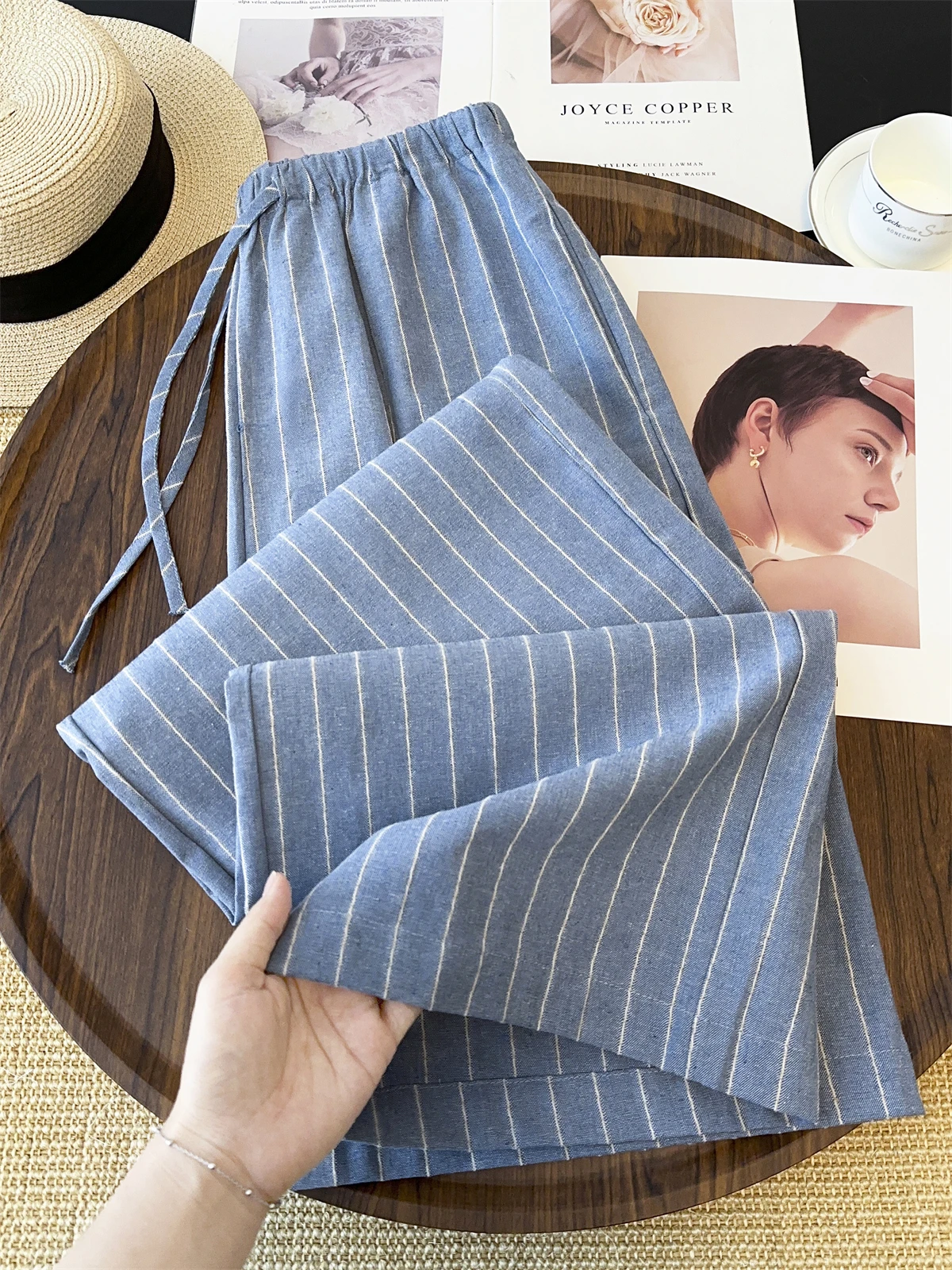 Blue Striped Linen Wide Leg Pants Women Summer Elastic Waist Thin Comfortable Versatile Cotton Linen Casual Straight Long Tro...