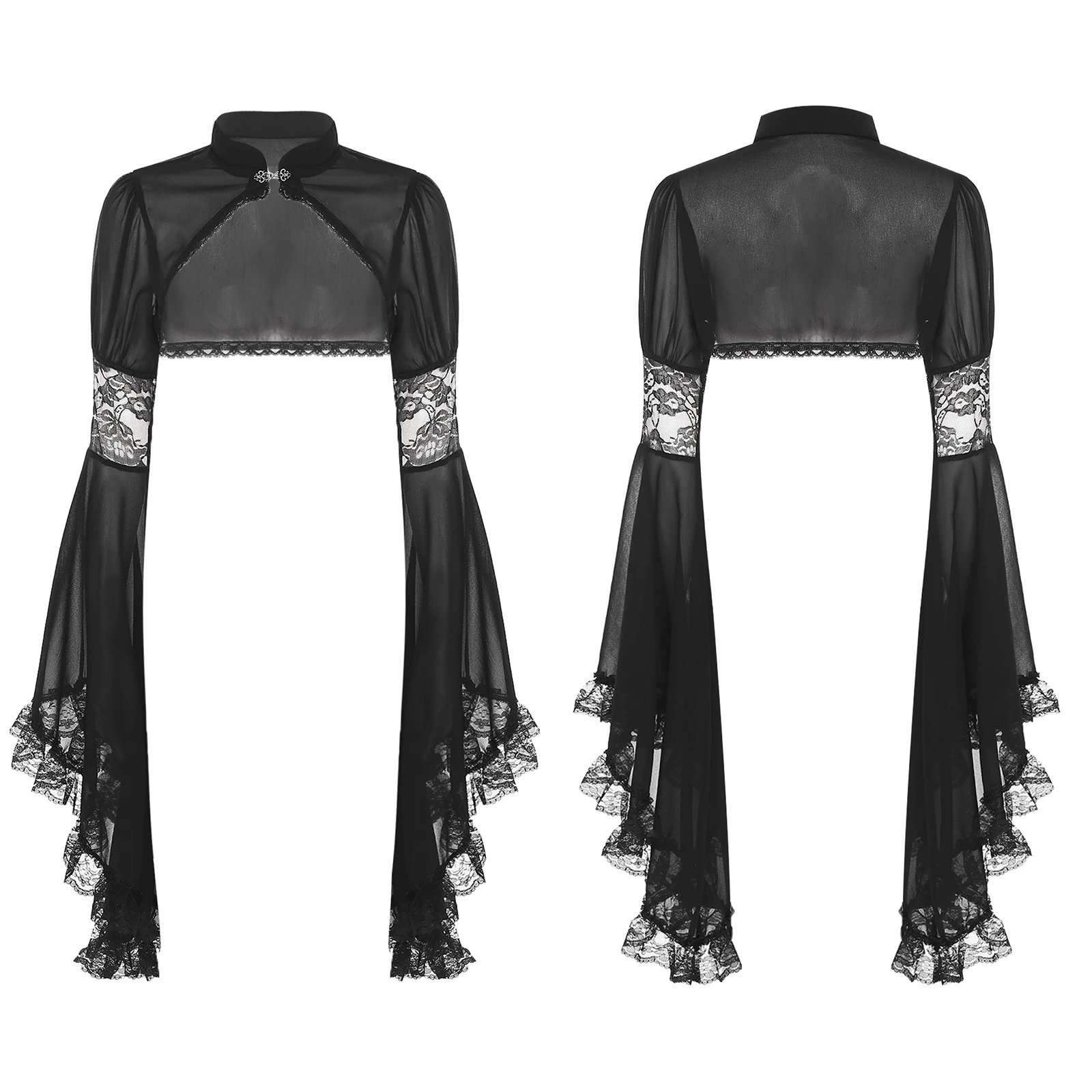

Women Gothic Vampire Chiffon Shrug Shawls Black Flared Sleeve Ruffled Floral Lace Trim Cropped Shirt for Bolero Dress Cover-up