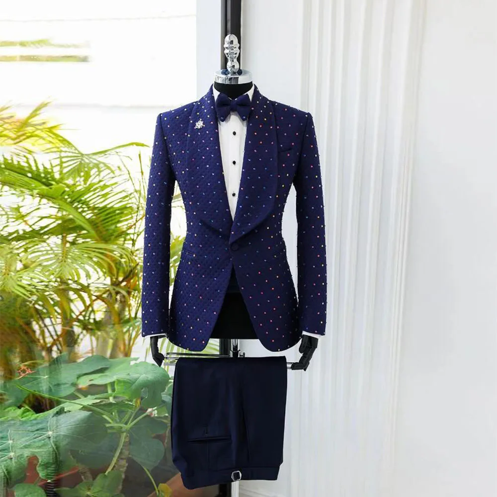 Latest Design Groom Tuxedo Suits Beaded Jacket Pants 2 Pieces Set Man Formal Party Prom Blazer Tailor-made Men's Wedding Dress