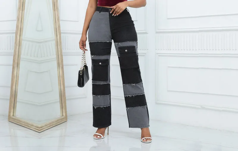 Jeans for Women New Fashionable and Elegant Splicing High-waisted Straight Denim Pants