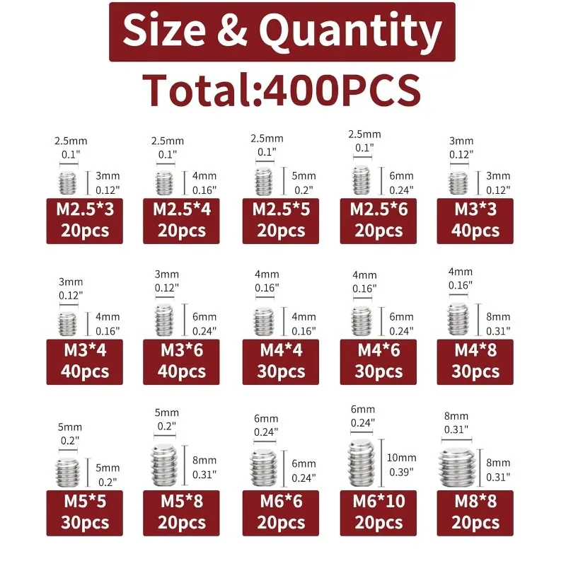 400Pcs Stainless Steel Hex Socket Set Screws Kit M2.5-M8 Allen Grub Screws with 6 Hex Keys Industrial Hardware Fastener Assort