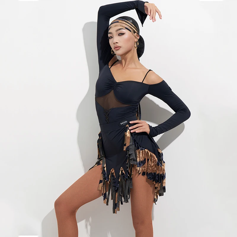 

Высококачественные костюмы для латинских танцев для взрослых, 2022, сетчатый топ с открытыми плечами, юбка с кисточками, одежда для выступлений самбы, одежда для соревнований DW267/268