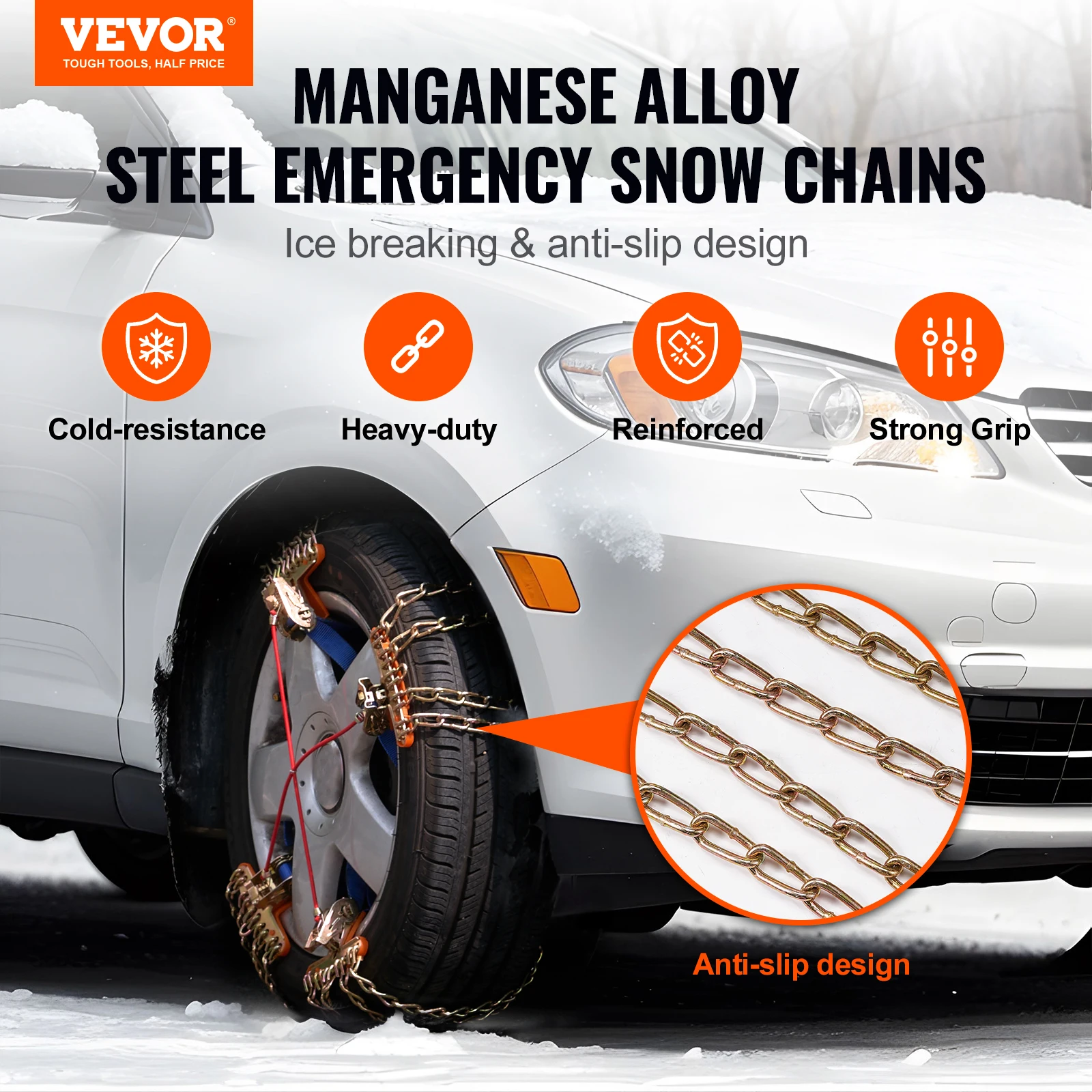 VEVOR 8 PCS Snow Chains Tire Traction Wheel Chains for Tire Width 9.2-11.2 in Emergency Tire Chains for Cars Pickups SUVs Trucks