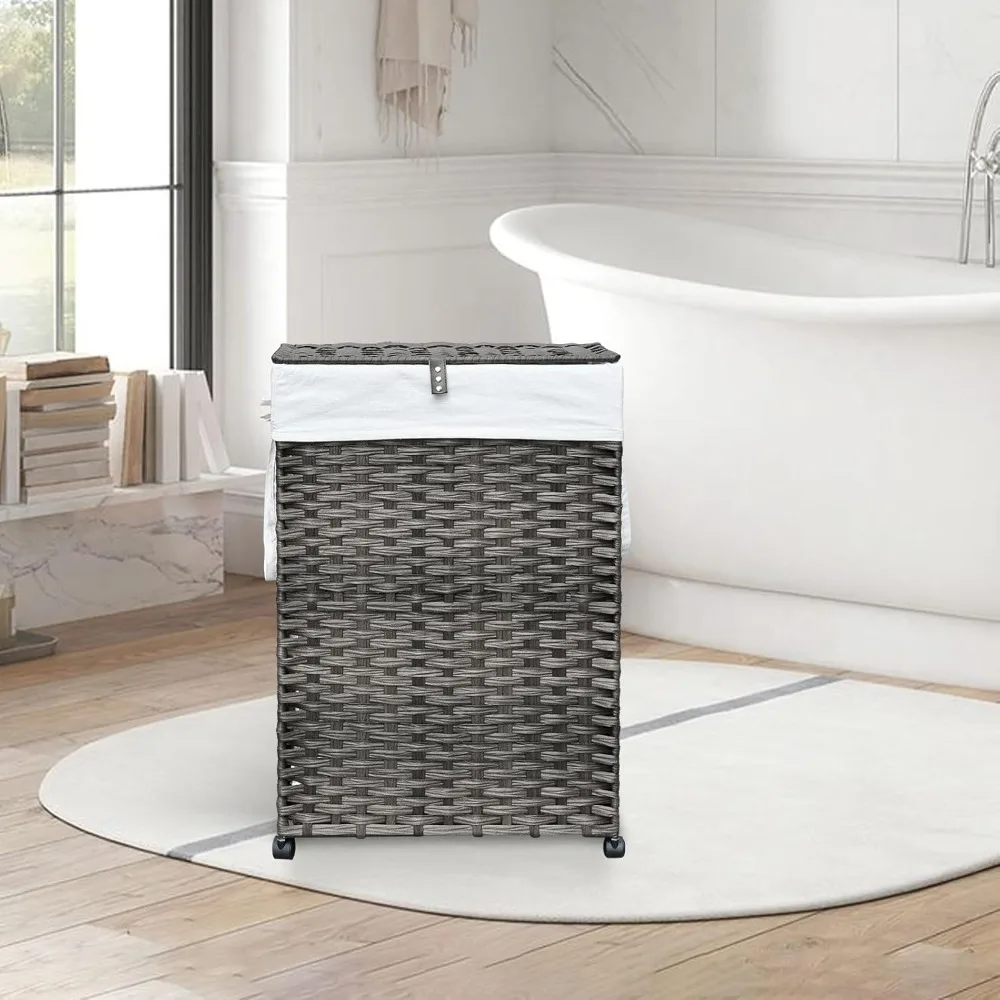 Прокатная корзина для белья с крышкой, емкость 23,3 галлона, высокий узкий дизайн, съемные пакеты для легкой транспортировки