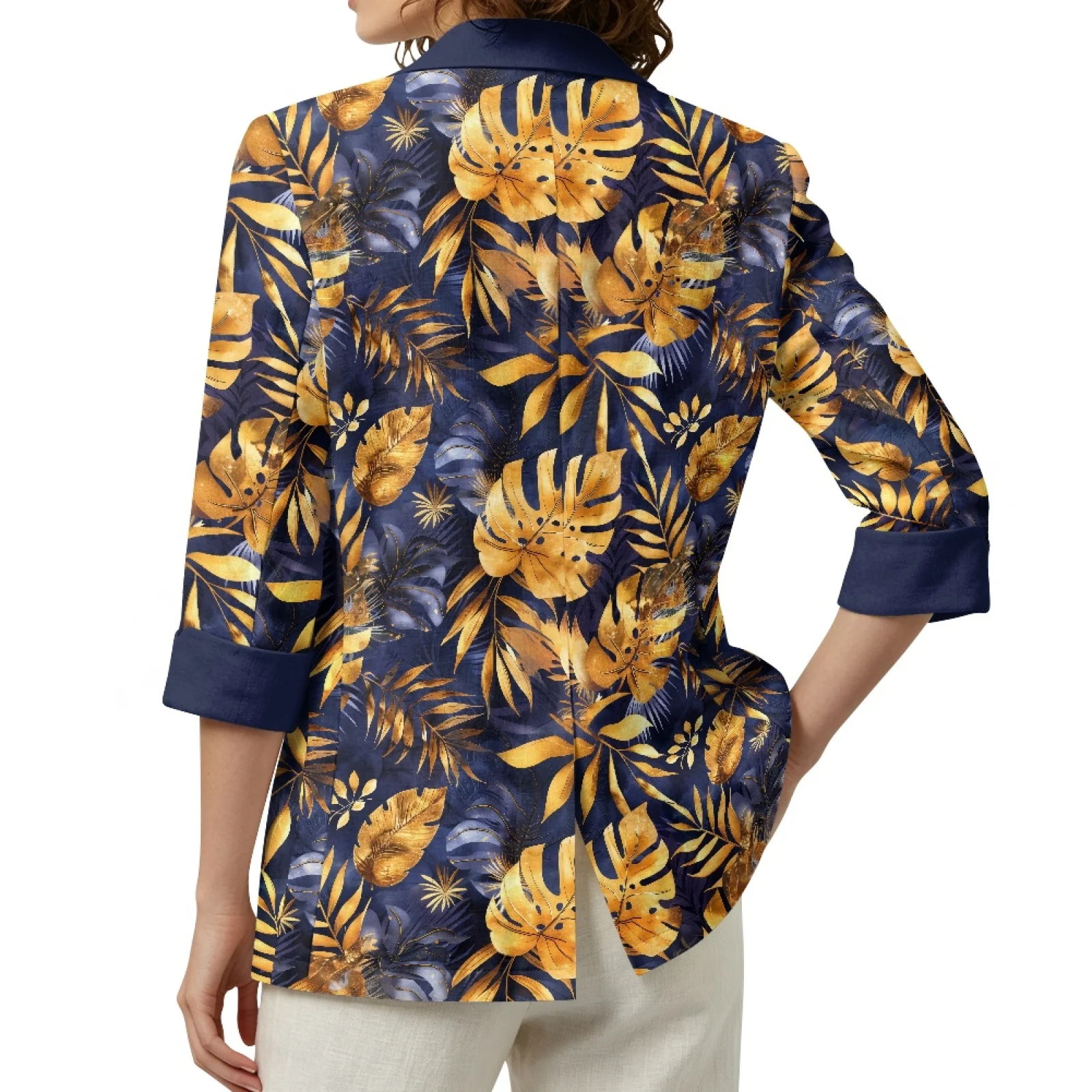 PENSTROLL Golden Tropical Leaf Linen Style Beach Cardigan Casual Beach Coverups for Workout Sizes S-3XL