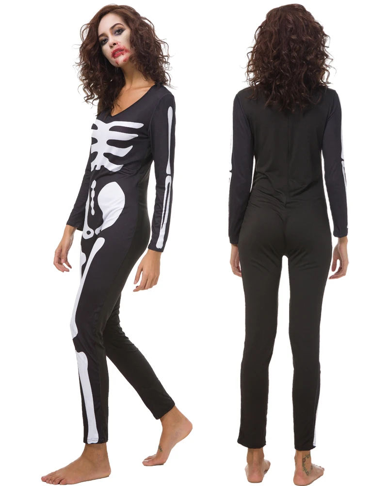 Kostum zombie horor cetak kerangka karnaval Halloween, kostum hantu tengkorak, jumpsuit tengkorak bermain peran, kostum cetak 3D