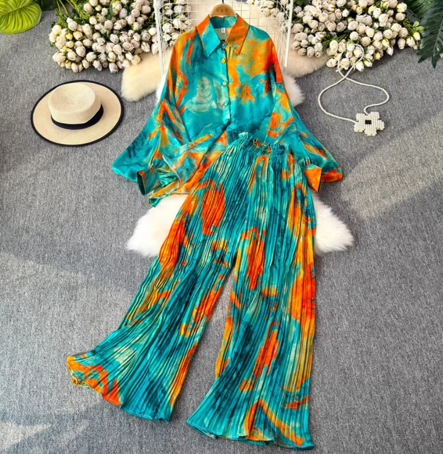 SuperAen Europe and America Style Oversize Print Shirt Tops High Waist Long Pants Two Pieces Sets