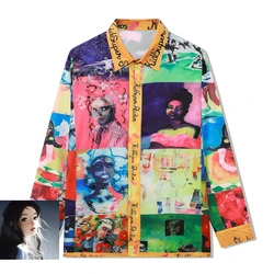 2024 Autumn New Long Sleeve Graffiti Portrait Print Shirt Thin Fabric Men Women Hawaii Loose Fit Clothes Blouse