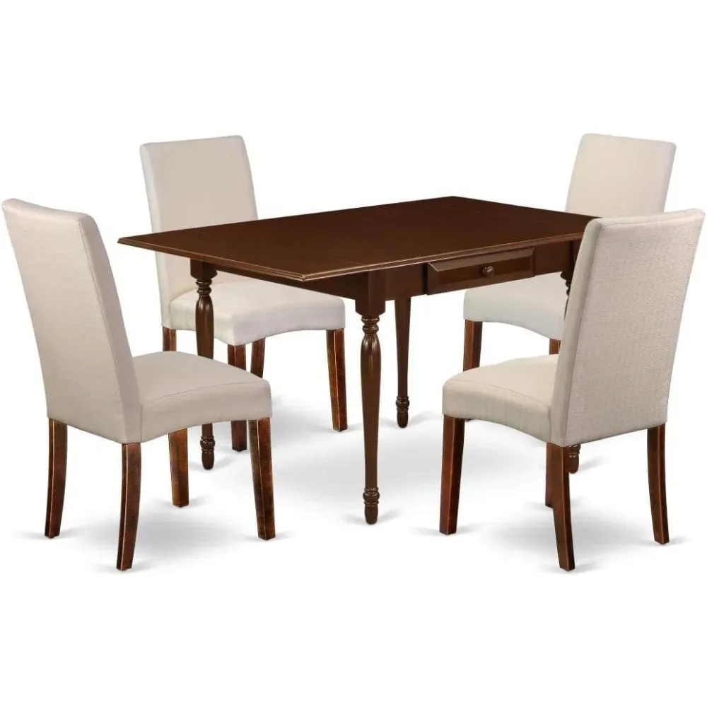 5 Piece Dining Room Set for 4, Includes A Rectangle Dining Room Table with Dropleaf and 4 Cream Linen Fabric Upholstered Chairs