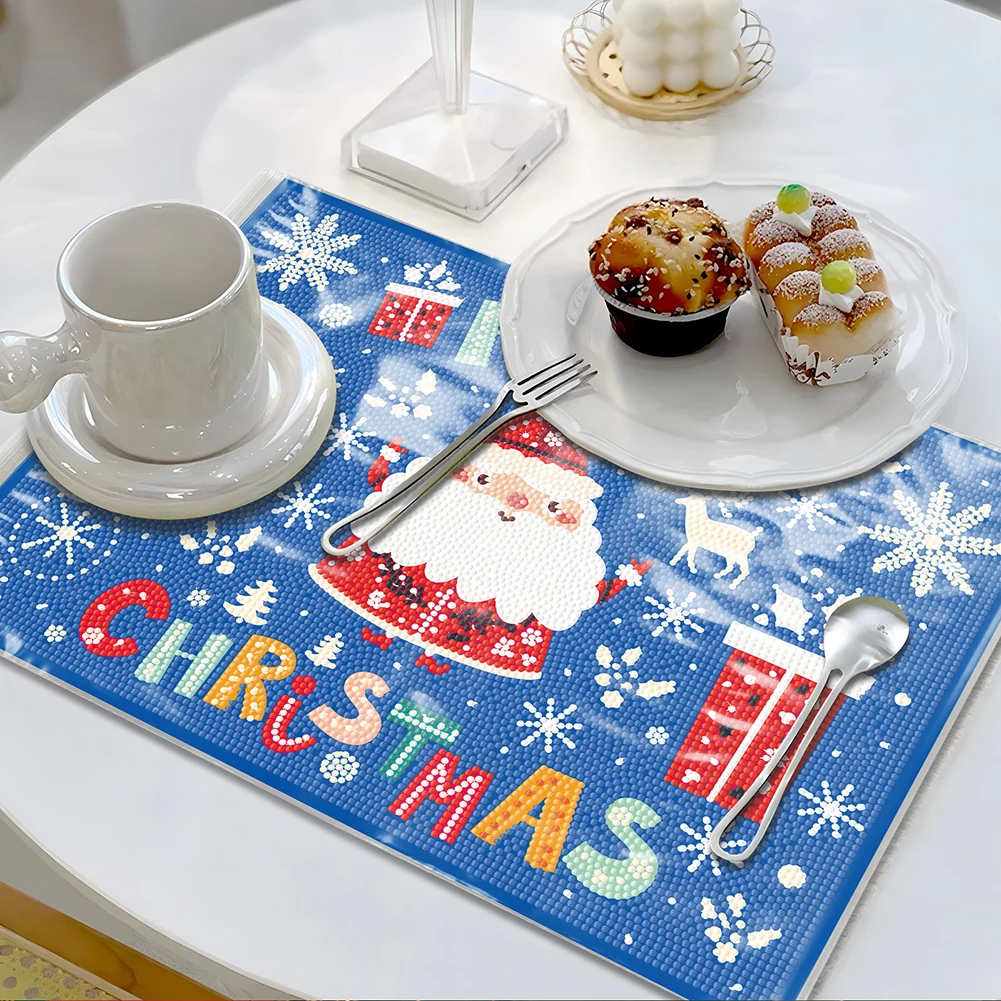 

Christmas Diamond Art Place Mats Santa Claus Diamond Crafts Projects Reindeer Round Diamond Painting Table Mats for Beginners