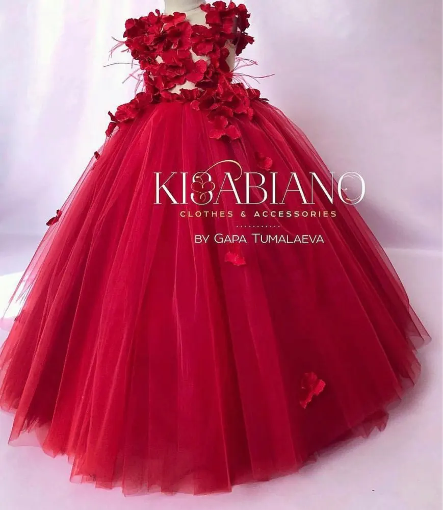 Floral Red 3D Flower Girls Dresses for Wedding Feather Kids Ruffles Party Birthday Gowns for Photo Shoot Ball Gowns