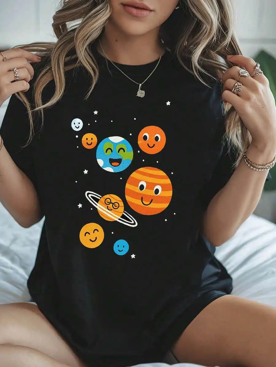 Women's Spring Summer Casual T-Shirt, Crew Neck Short Sleeve Tee With Colorful Cartoon Planet Happy Face Graphic Print, Versatile Daily Outfit, Cute Gift For Space & Cartoon Lovers