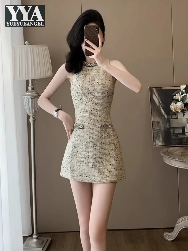 

Elegant Women Summer Sleeveless Beading O-Neck Slim Fit Dresses A-Line Fashion Office Ladies Above Knee Mini Sundress Hot Sale