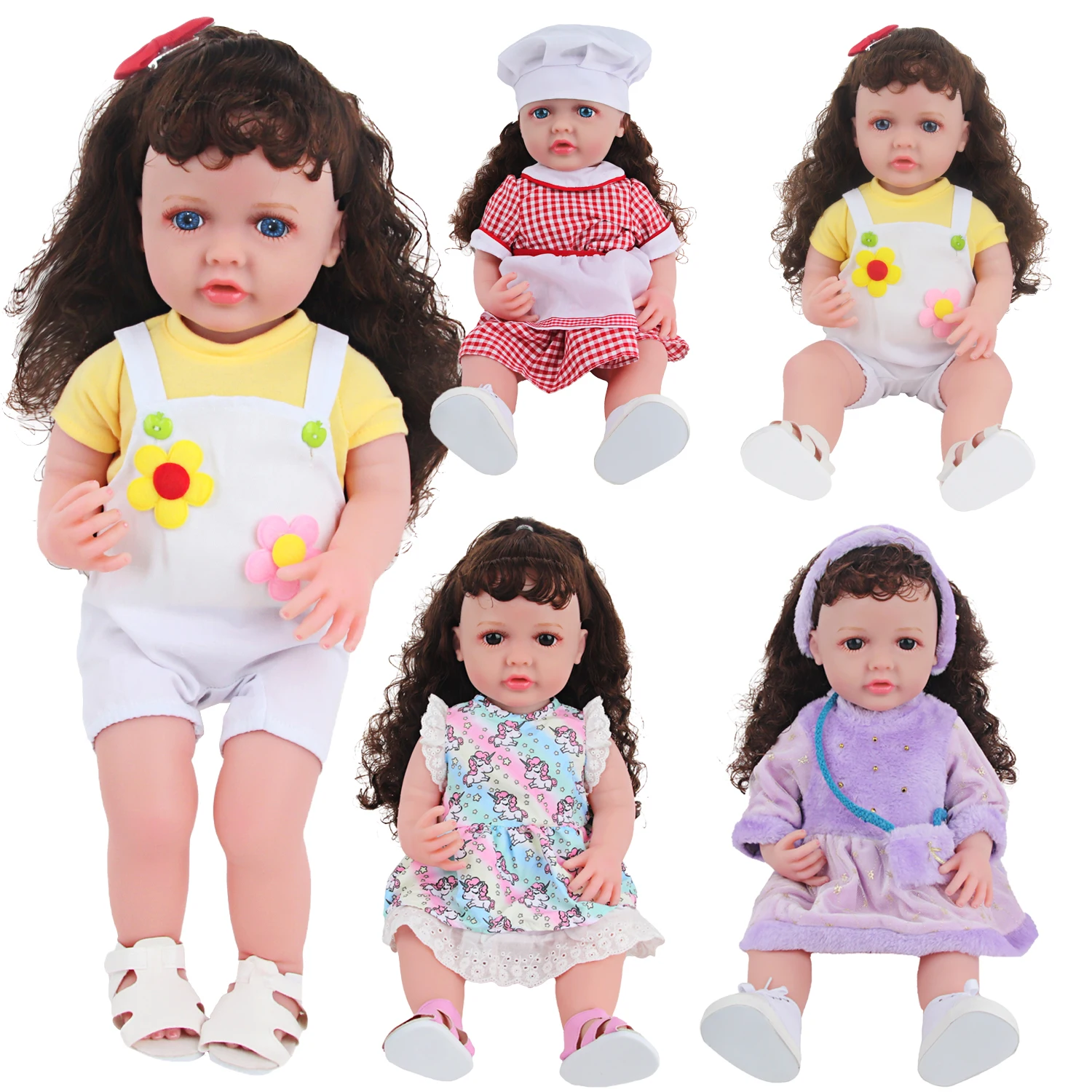 Soft Silicone Newborn Girl Dolls com roupas e sapatos, Baby Reborn Girl Dolls, Blonde Wavy Curls, Toy Gift, 55cm, 22"