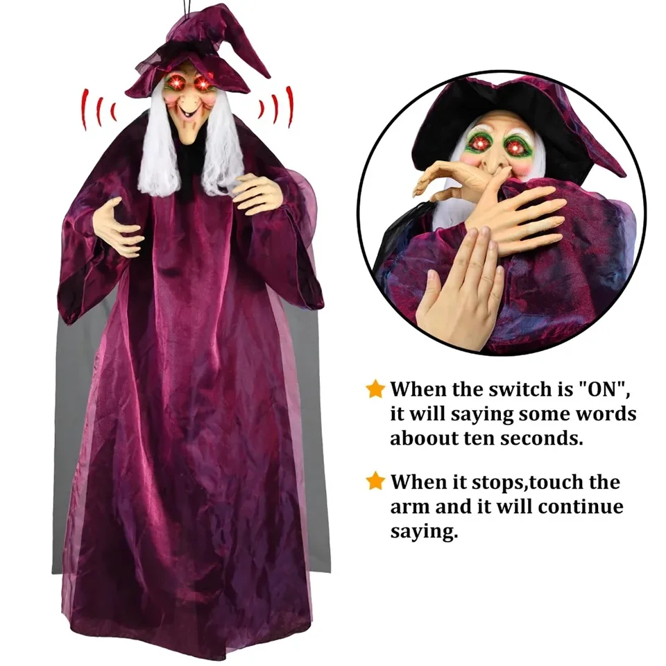 Halloween Life Size Talking Witch Outdoor Purple Spooky Animatronic Witch Decor Prop Halloween Decoration Red Eye Animated Witch view 5