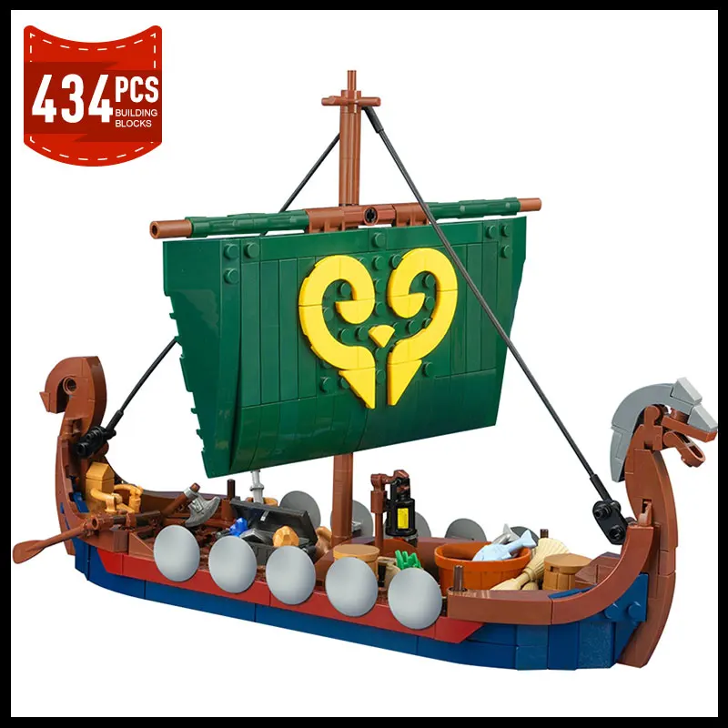 MOC Vikinged Ship Longship Model klocki średniowieczne wojskowe bluzy figurki pomysły na łódź zestaw klocków dla dorosłych zabawki prezenty