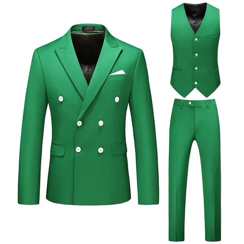 New 2026 Men's Double-breasted Notch Lapel Flat Slim Fit 3Pcs Suits Business Casual Tuxedos Sets for Wedding (Blazer+Pants+vest)