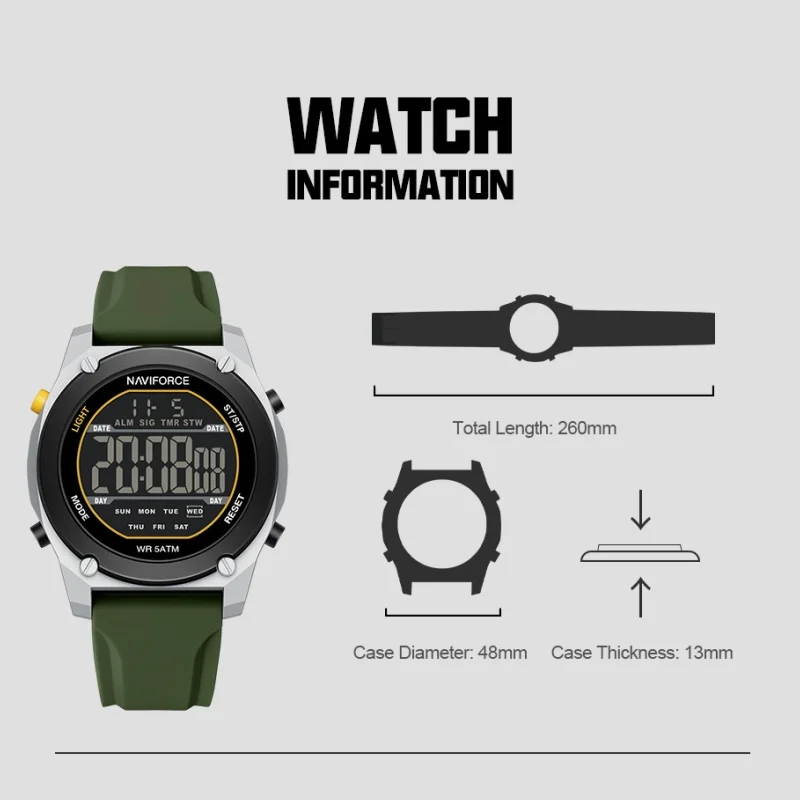 NF7134 NAVIFORCE Men's Digital Watch Countdown Alarm 5ATM Waterproof LED Backlight Fashion Sports Electronic Wristwatch