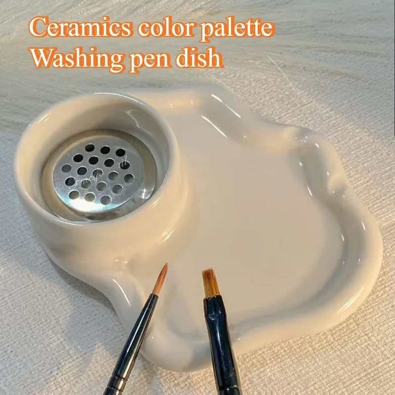 

Three-in-One Ceramic Palette Pen Washing Dishes Art Supplies Painting Sketching Portable Tools Brush Cleaning Wash The Pen Cup
