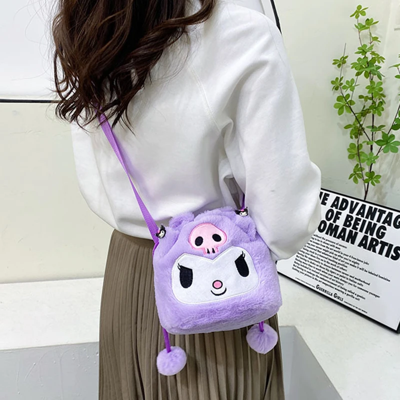 Sanrio Plush Bag Cartoon Anime Figure Kuromi Cinnamoroll Portable Drawstring Bag Plushies Diagonal Package Birthday Kids Gift