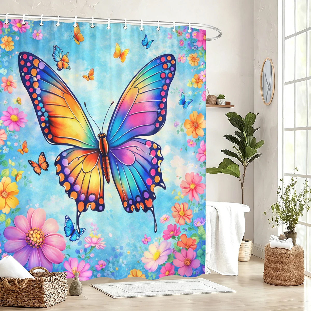 

Vibrant Printed Polyester Shower Curtain - Butterfly & Lion Floral Design, Stylish Bathroom Decor Accessory